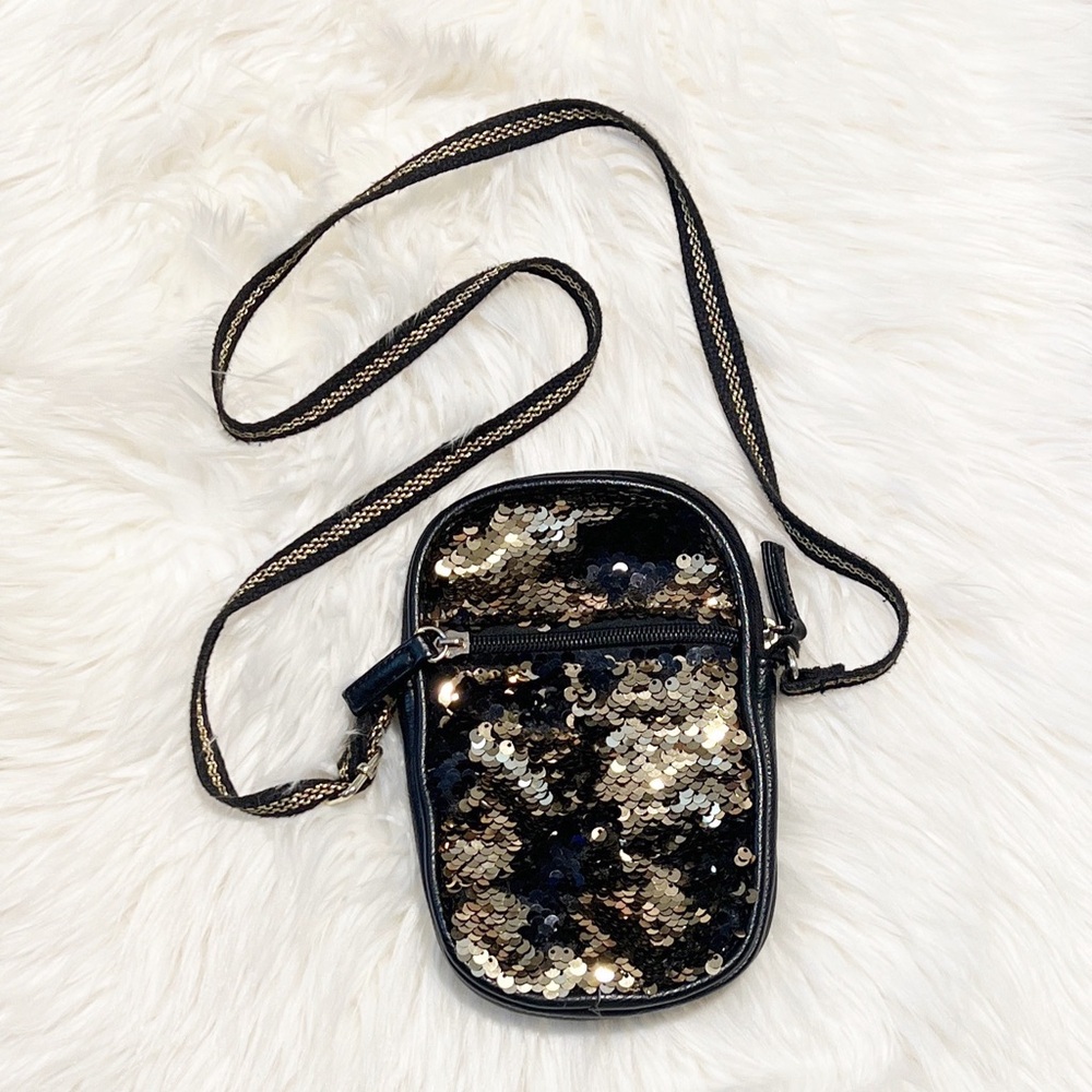 Sequin Phone Crossbody Bag - Black and Gold